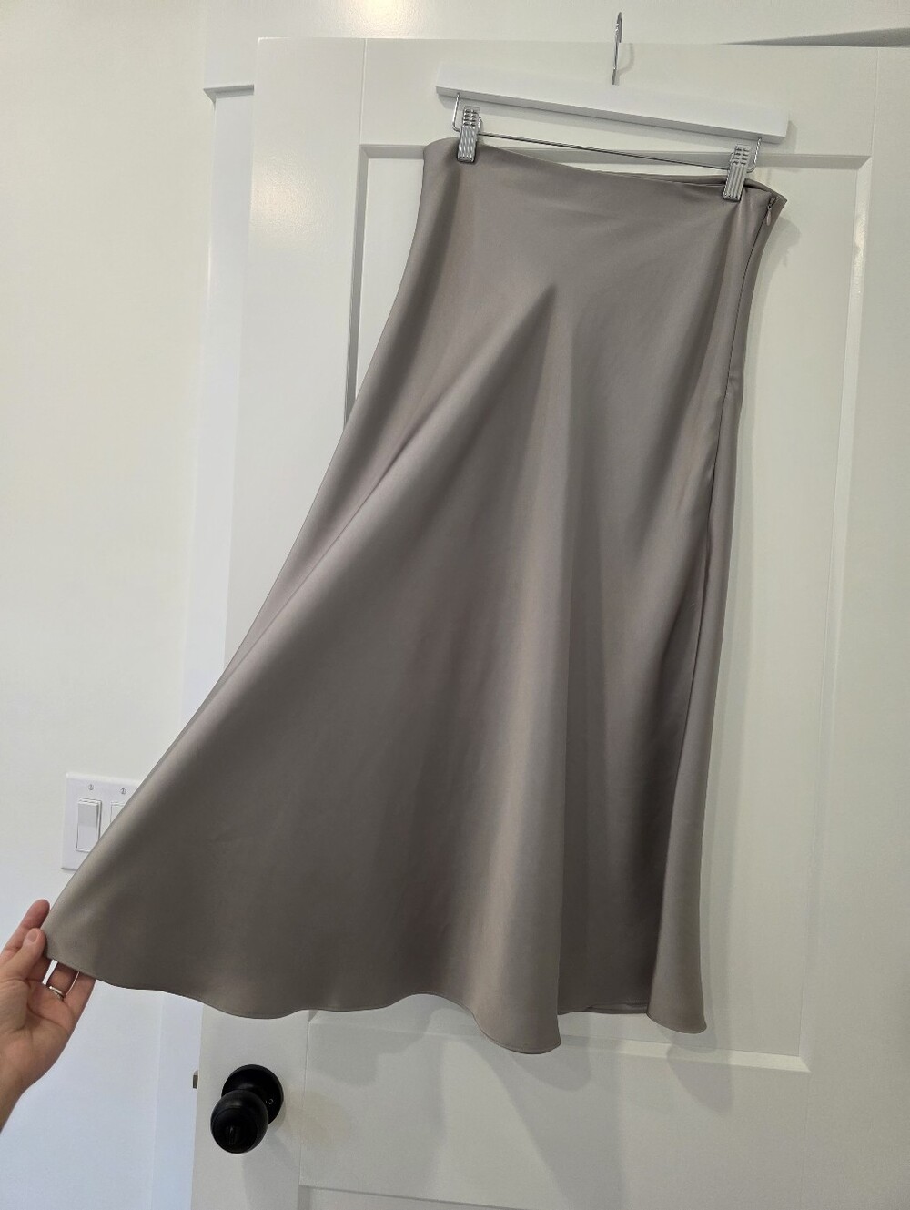 1. State Silky A-Line Midi Skirt in Taupe Gray